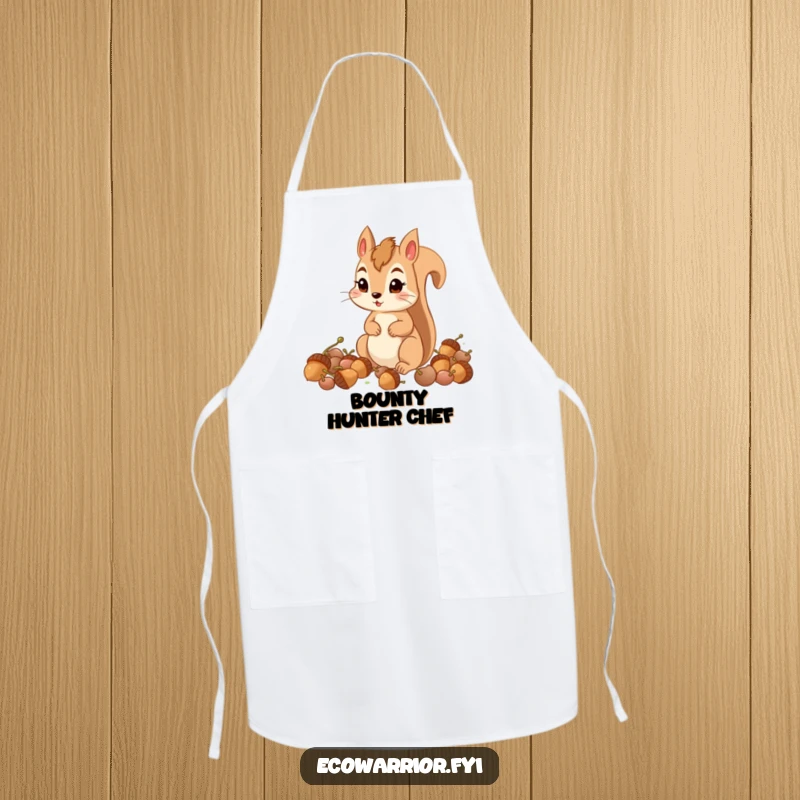 Funny determined squirrel focused on collecting acorns, wearing an apron for kitchen adventures.