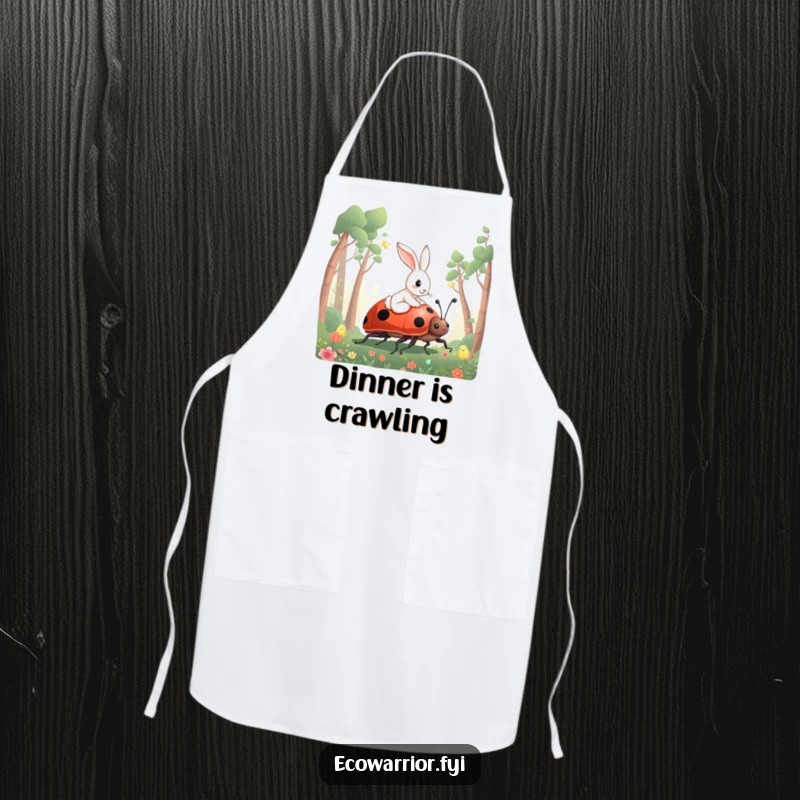 Funny Rabbit Ladybug Apron with a curious rabbit riding a giant ladybug through a forest, ready for cooking.