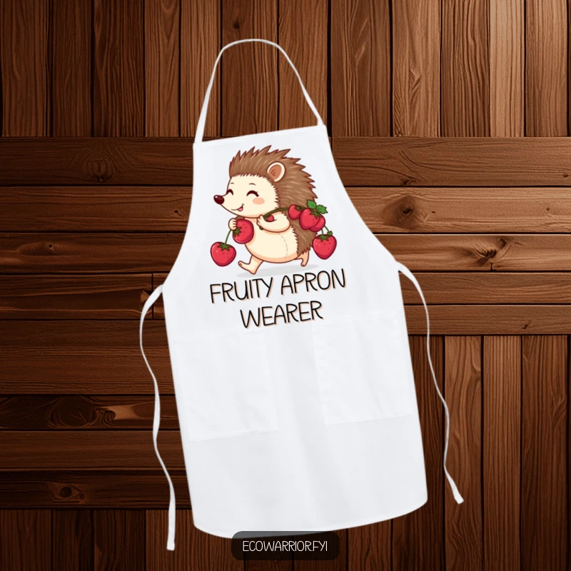 Funny apron showing a happy hedgehog purposefully walking with berries on its back, perfect for a determined and amusing cooking experience.