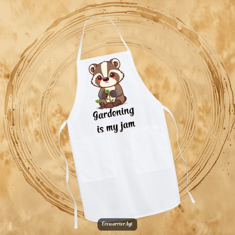 Funny badger gardener apron showing a determined character with gloves, caring for a sprout, a humorous kitchen accessory.