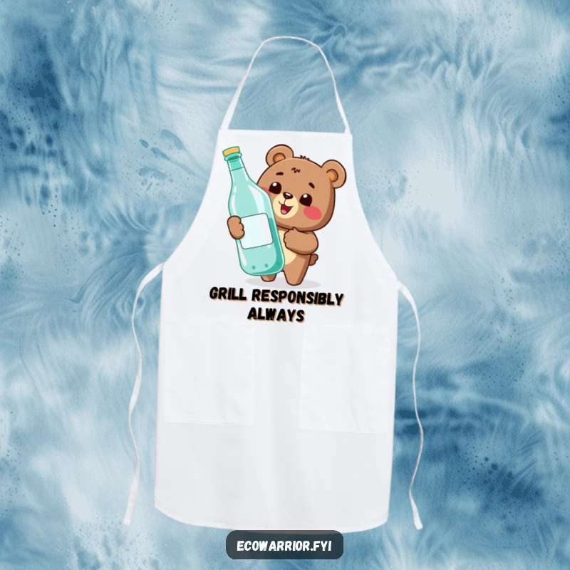 Funny apron with a happy bear giving a thumbs-up while recycling a large bottle, ideal for a humorous and eco-friendly kitchen.