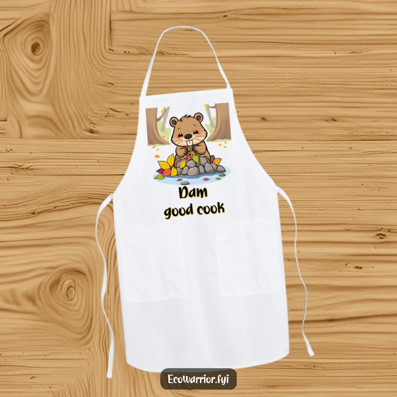 Funny beaver character building a dam from colorful leaves, featured on an apron for workshop or kitchen use.