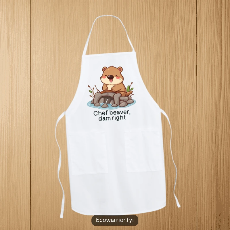 Funny apron showcasing a happy beaver diligently building a small dam with twigs, ideal for kitchen adventures and humor.
