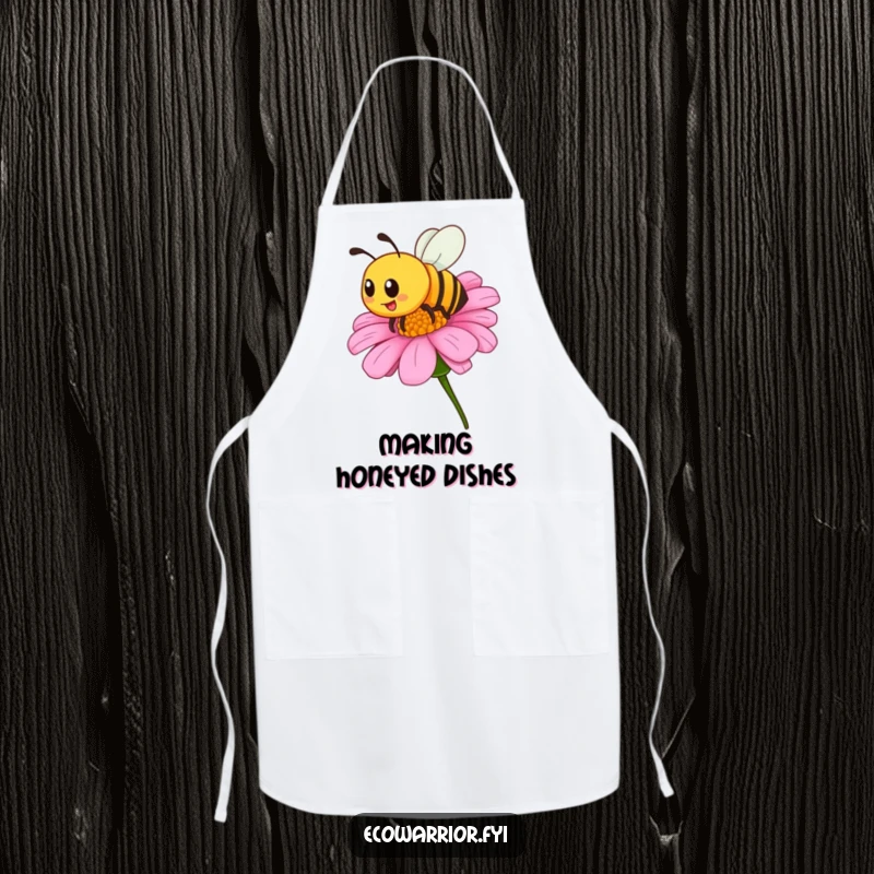 Funny apron showing a proud bee buzzing around a wildflower, perfect for kitchen duties and adding a splash of humorous nature appreciation.