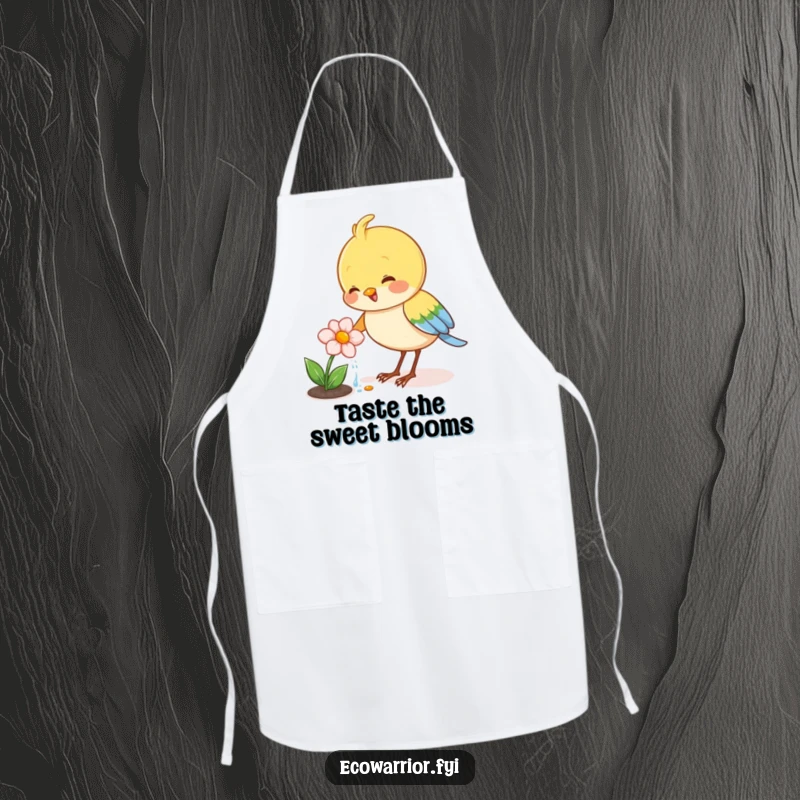 Funny apron with a joyful bird character watering a tiny blooming flower, ideal for a humorous and floral kitchen.