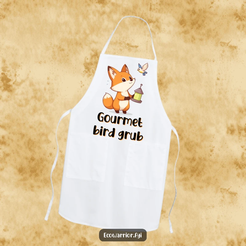 Funny apron with a curious fox holding a bird feeder, looking up at a bird, adding humor to kitchen tasks.