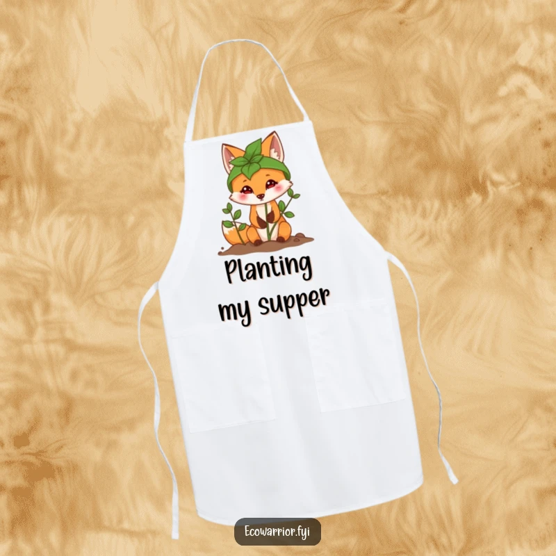 Funny Fox Planting Sapling Apron with a determined fox wearing a leaf helmet, ready for gardening.