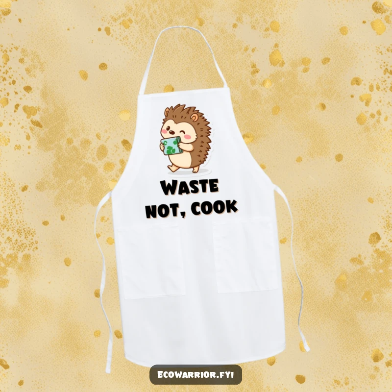 Funny hedgehog character wearing an artisan apron, carrying recycled materials, ready for kitchen tasks with a smile, perfect for funny apron wearers.