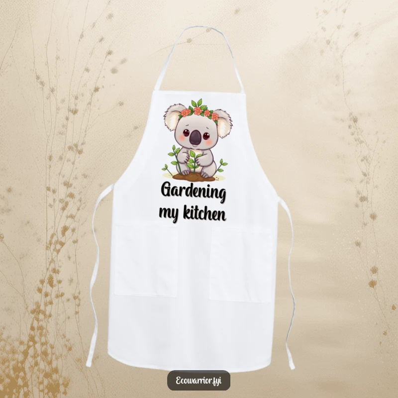Funny koala apron featuring a cute koala with a leaf crown, determinedly planting a small tree, great for gardening.