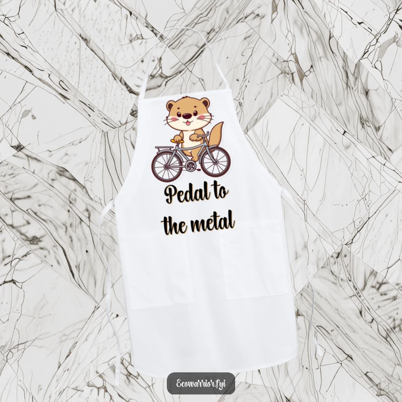 Funny otter wearing an apron and riding a recycled bike, symbolizing eco-friendly cooking and kitchen humor.