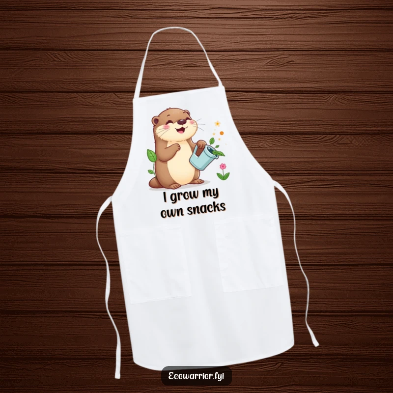 Funny Otter Gardener Apron: A happy otter holds a leaf watering can, sprinkling water on plants, perfect for kitchen or garden tasks.