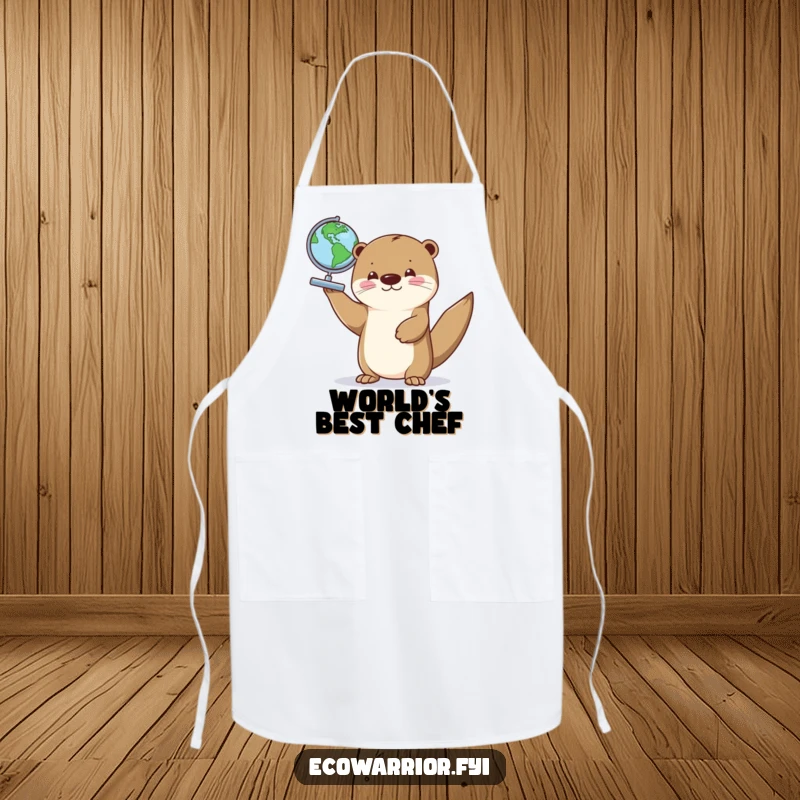 Funny apron showing a proud otter holding a small globe, ideal for kitchen fun and culinary explorers.