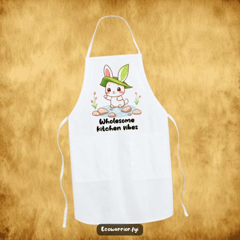 Funny rabbit wearing an apron, admiring a clean stream, symbolizing nature-inspired cooking and kitchen humor.