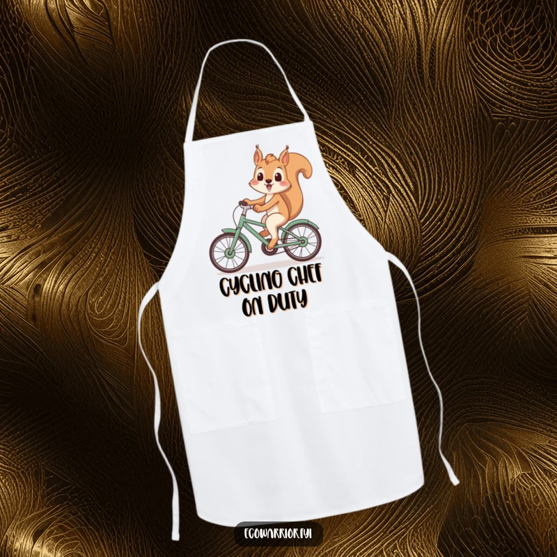 Funny Squirrel Apron: Playful squirrel smiling on a bicycle made of recycled materials, perfect for an eco-friendly kitchen funny gift.