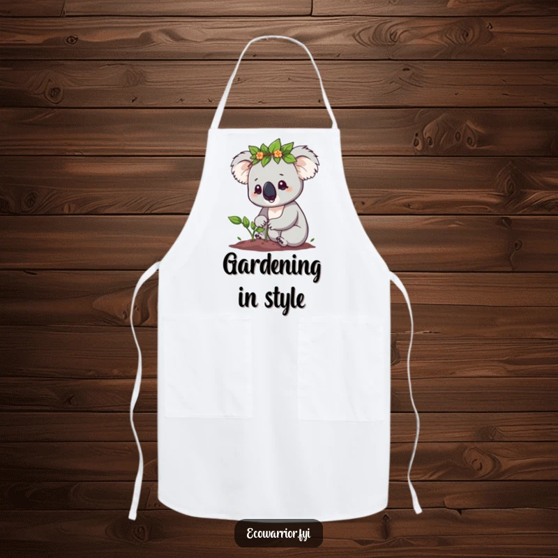Funny Koala Apron: Cute koala with a leaf crown determinedly planting a tiny sapling, perfect for an eco-friendly kitchen funny gift.