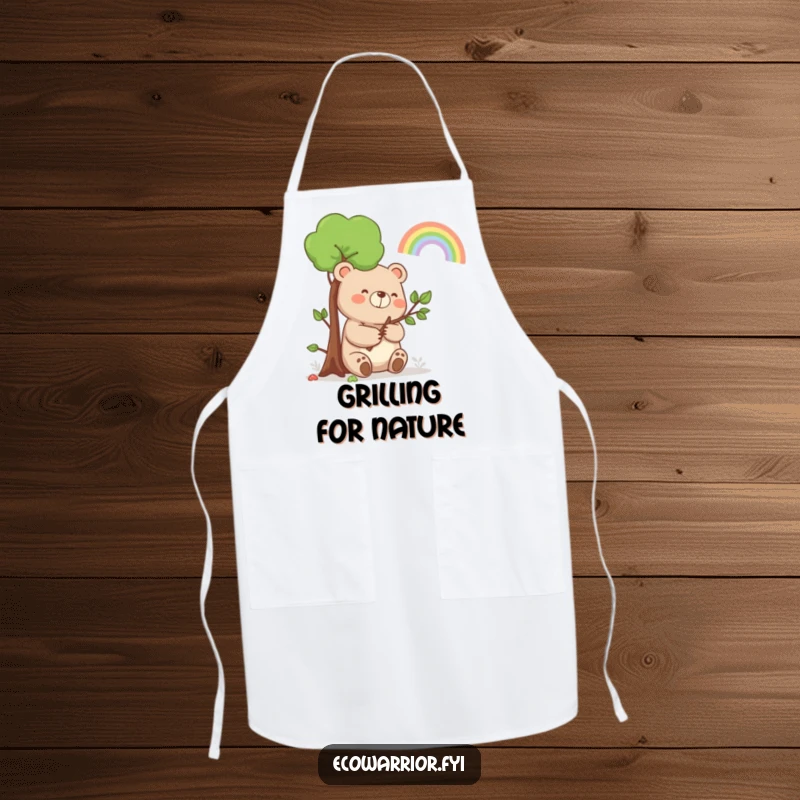 Funny Bear Rainbow Apron: A happy bear holding a sapling, smiling at a rainbow, for humorous nature style.