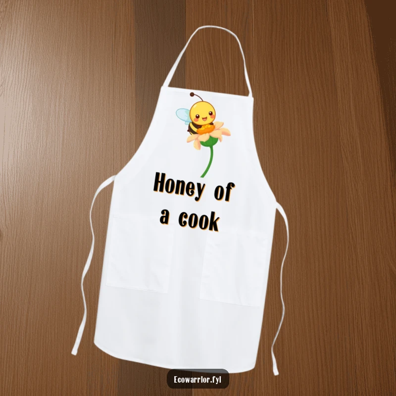 Funny apron featuring a happy bee character pollinating a vibrant wildflower, bringing vibrant nature humor to the kitchen.