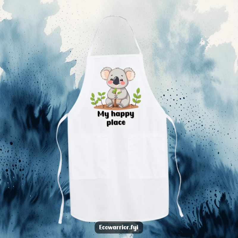 Funny Koala wearing an apron, planting a tiny tree with gentle hands, looking cheerful in the kitchen or garden.