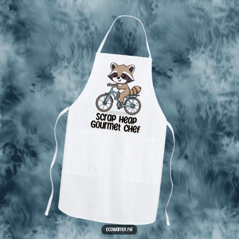Funny apron showcasing a smiling raccoon riding a bicycle made from recycled parts, ideal for eco-friendly kitchen adventures.