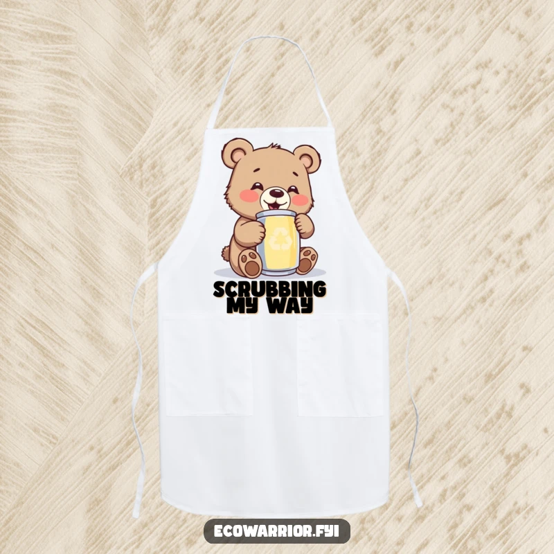 Funny bear cub apron, illustrating a happy cub polishing a shiny recycled can, perfect for a joyful and eco-friendly kitchen.