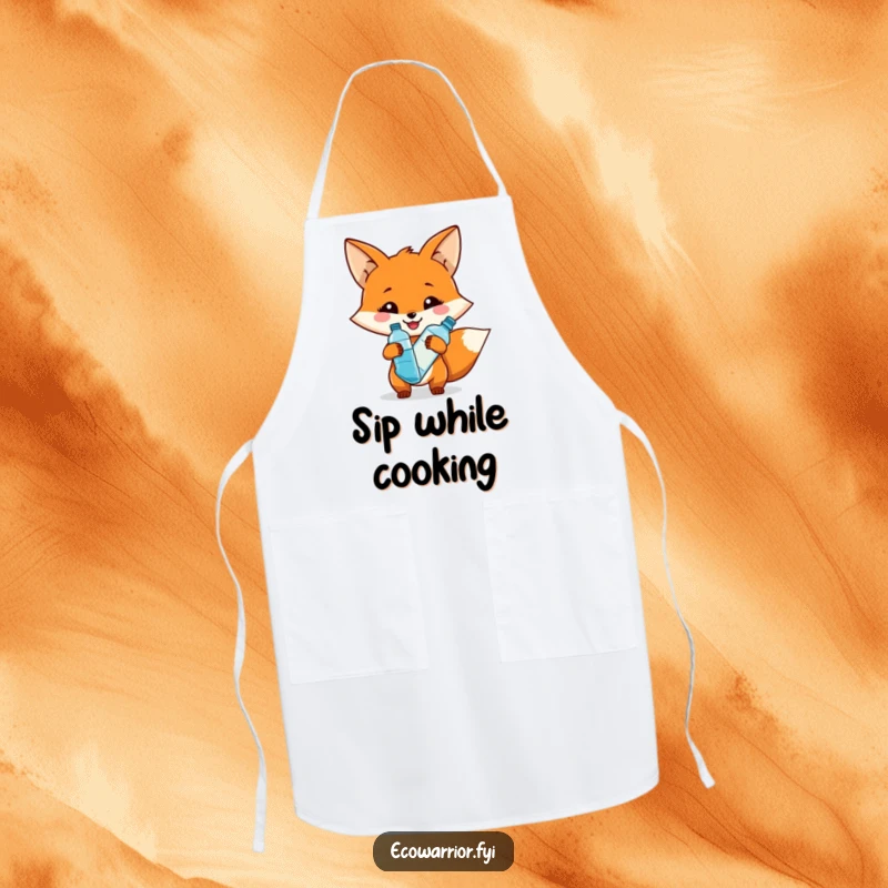 Funny apron featuring a smiling fox character holding a reusable water bottle, bringing eco-friendly hydration humor to the kitchen.