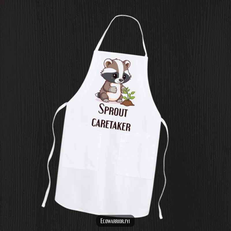 Funny apron featuring a determined badger gardener in gloves, tending to a sprout, perfect for kitchen tasks.