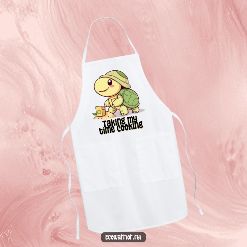 Funny apron showing a smiling turtle pushing a recycled object uphill, perfect for kitchen duties and adding a splash of humorous eco-awareness.