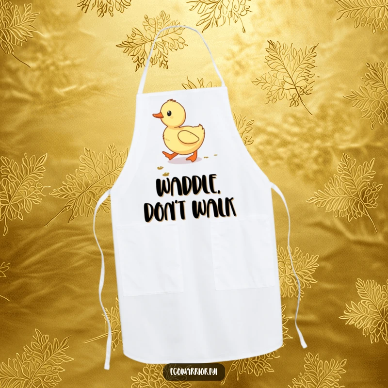 Funny Duckling Apron, a determined baby duckling walking, cute and humorous kitchen accessory for cooking.