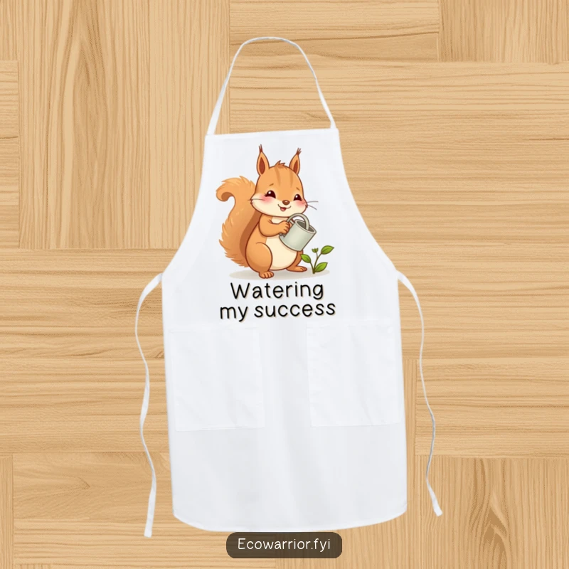 Funny squirrel apron, a cheerful character happily watering a small sprout, ready for kitchen adventures.