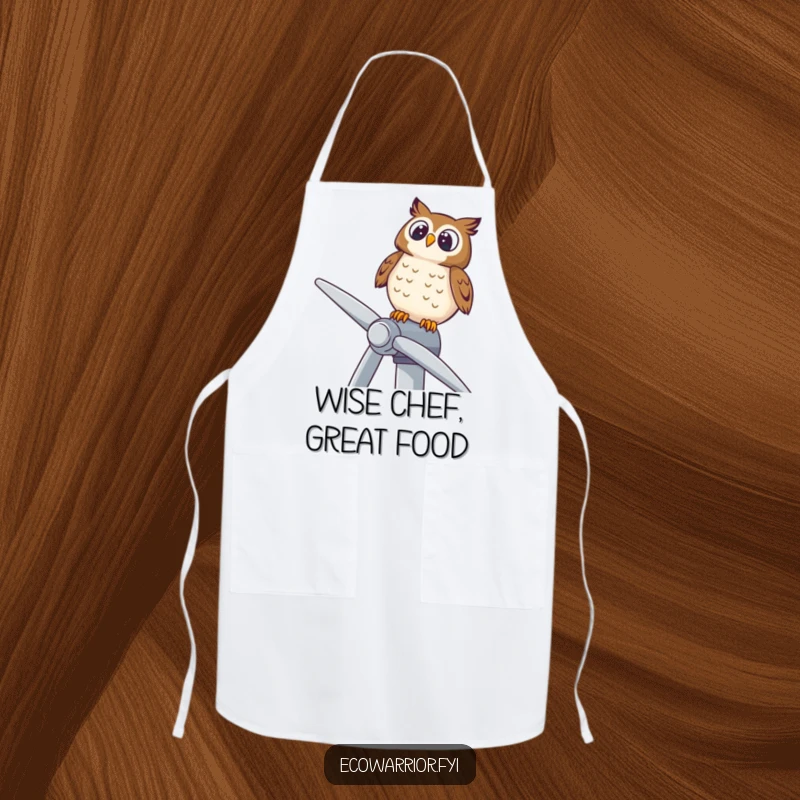 Funny apron showcasing a delighted owl perched on a wind turbine, looking upwards, perfect for eco-friendly cooking adventures.
