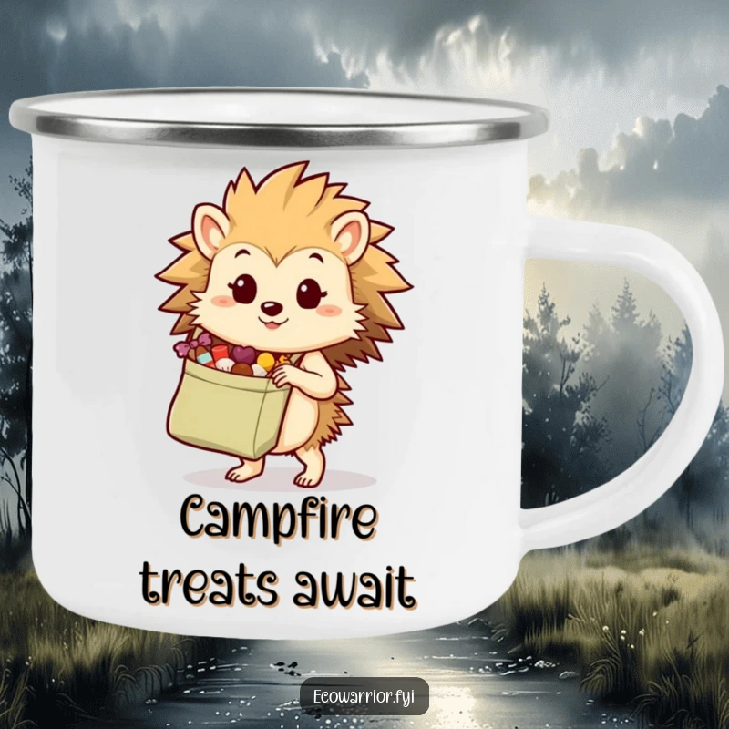 Funny hedgehog character carrying a reusable bag of treats on a camping mug, perfect for outdoor adventures with humor.