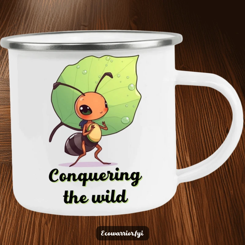 Funny camping mug with a diligent ant carrying a leaf shield, built for rugged outdoor use.