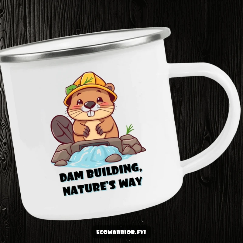 Funny Beaver Builder Camping Mug: A determined beaver in a leaf hard hat builds a dam, perfect for outdoor work.