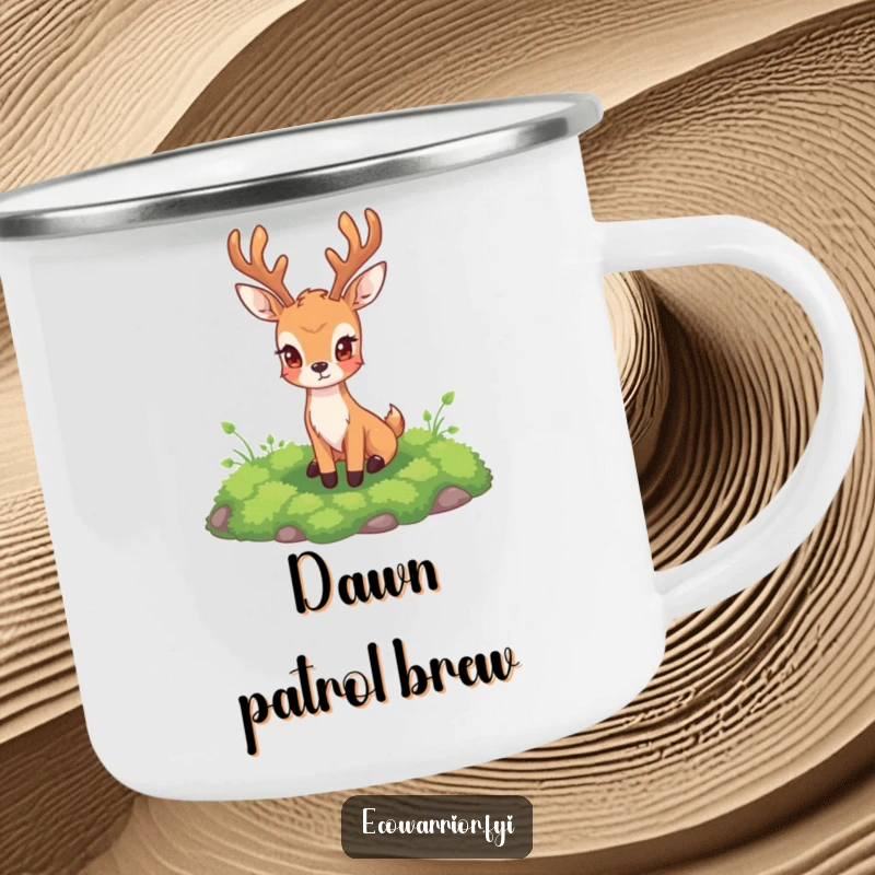Funny Deer Camping Mug depicting a majestic deer guarding a patch of lush moss, perfect for rugged adventures.