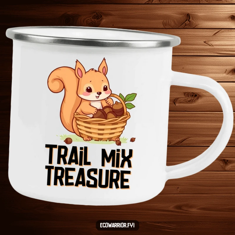 Funny camping mug featuring a playful squirrel carefully placing acorns into a basket, ready for any outdoor expedition.