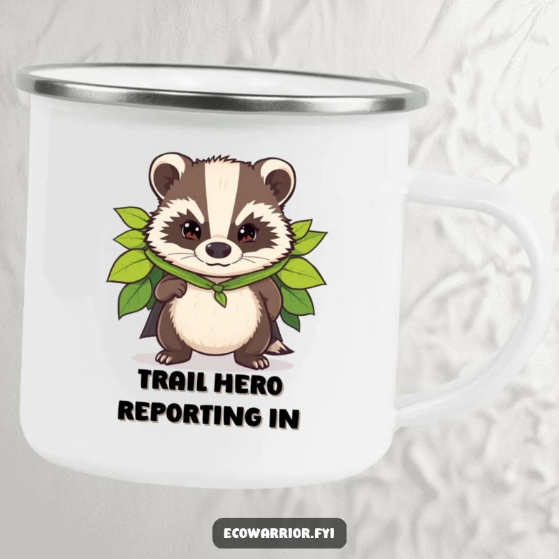 Funny camping mug featuring a determined badger in a superhero cape made of leaves, perfect for outdoor missions.