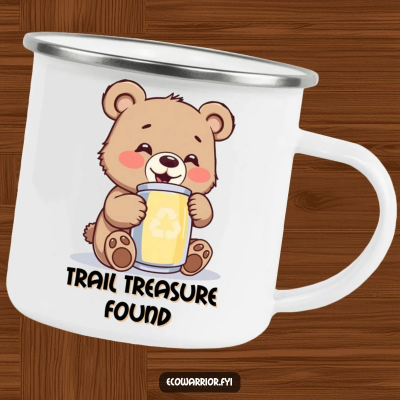 Funny bear cub camping mug, depicting a happy cub polishing a recycled can outdoors, perfect for eco-conscious campers.