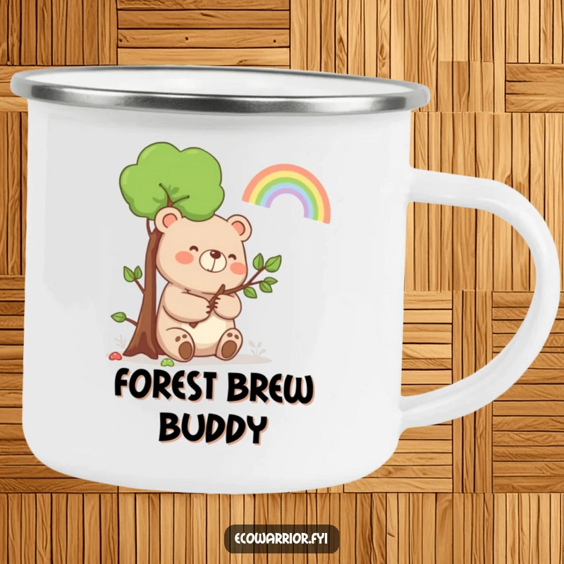 Funny Bear Rainbow Camping Mug: A happy bear holding a sapling, smiling at a rainbow, for humorous outdoor fun.
