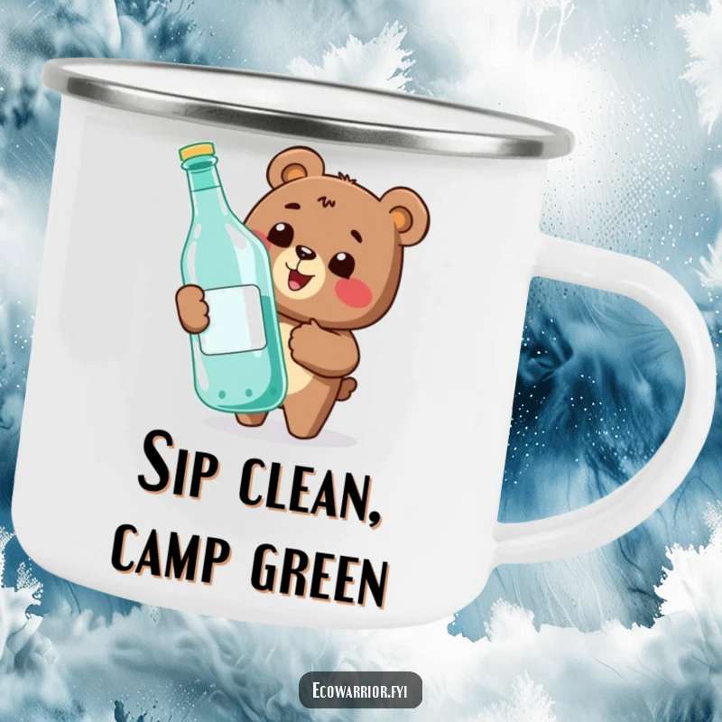 Funny camping mug with a happy bear giving a thumbs-up while recycling a large bottle, perfect for eco-friendly outdoor enjoyment.