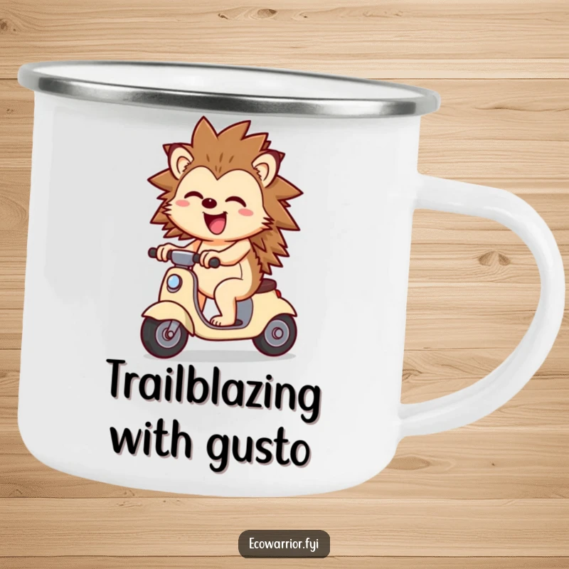 Funny Cheerful Hedgehog Scooter Camping Mug: A durable mug with a cheerful hedgehog riding a wind scooter, perfect for outdoors.