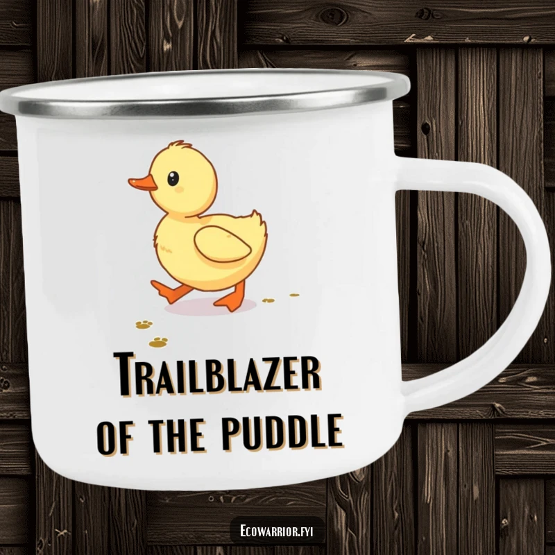 Funny Duckling Camping Mug, a determined baby duckling walking, enamel mug with humorous outdoor adventure theme.