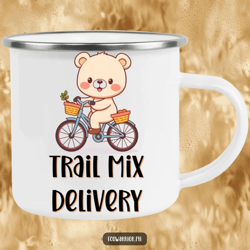 Funny Camping Mug featuring a cheerful bear cub character riding a bicycle with a basket, ideal for outdoor enjoyment with a humorous touch.