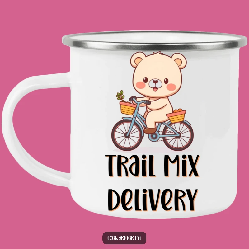 Funny Enamel Camping Mug: Cheerful Bear Cub Bicycle Outdoor Funny Gift