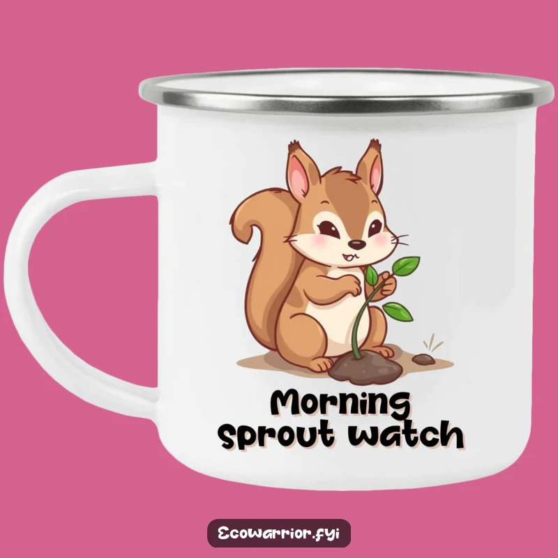 Funny Enamel Camping Mug: Determined Squirrel Sapling Planter Outdoor Funny Gift