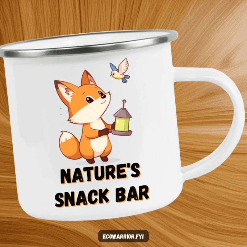 Funny camping mug with a curious fox holding a bird feeder, gazing at a bird, perfect for outdoor enthusiasts.