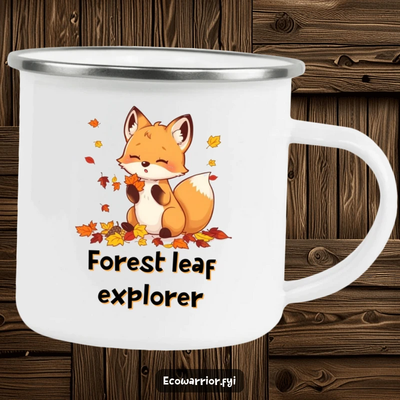 Funny Camping Mug with a cute fox gathering colorful autumn leaves, designed for outdoor enthusiasts.