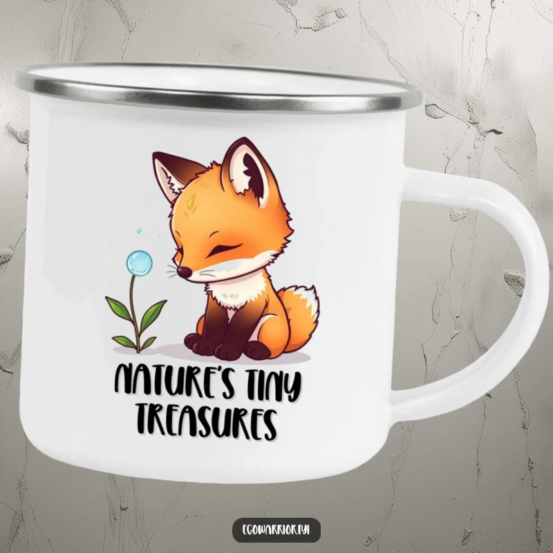 Funny fox cub camping mug, depicting a curious cub examining a dewdrop outdoors, perfect for nature lovers and adventurers.