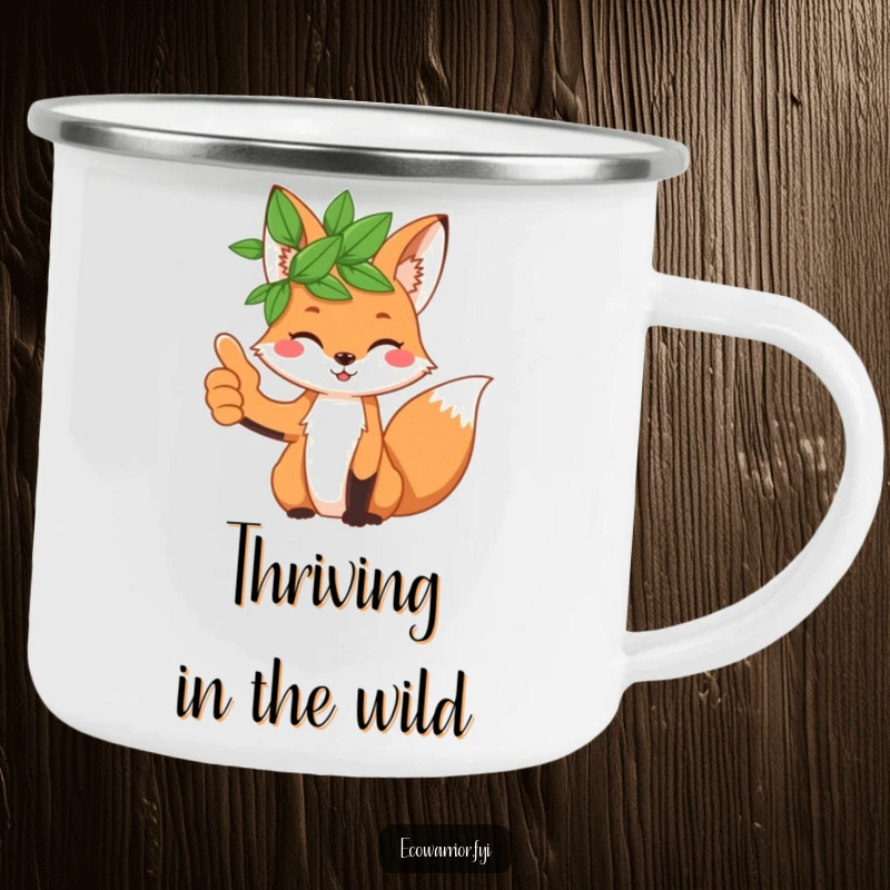 Funny playful fox wearing a leaf crown and giving a thumbs up on a sturdy enamel camping mug.