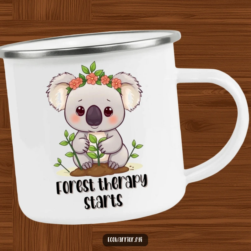Funny koala camping mug, enamel, featuring a determined koala planting a sapling, for outdoor inspiration.