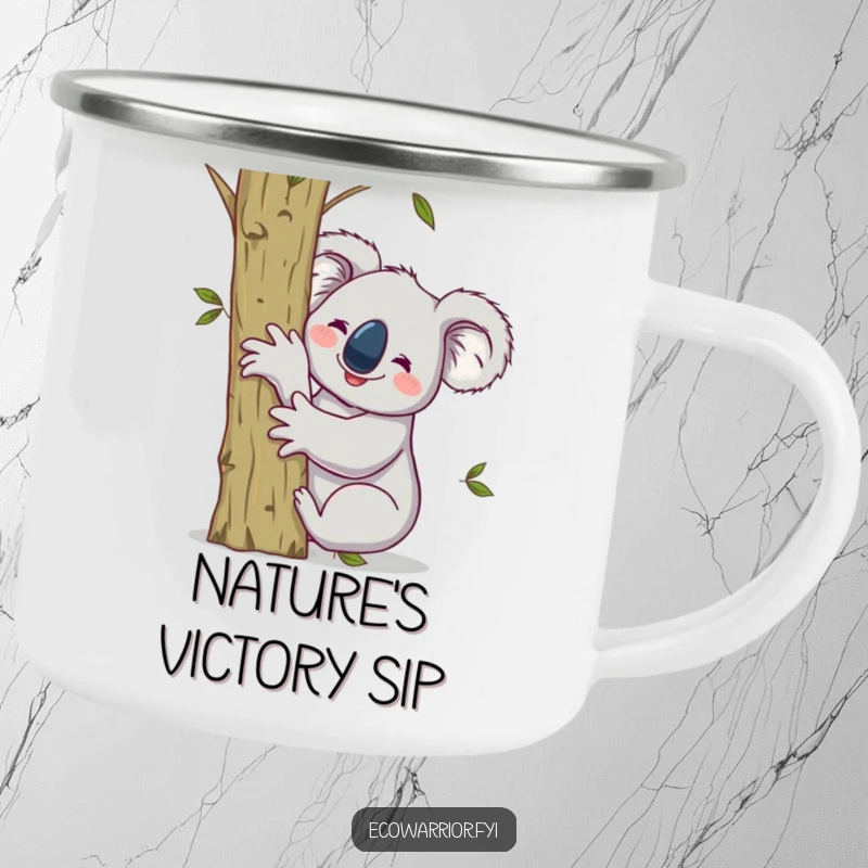 Funny camping mug with a smiling koala hugging a sapling, raising one arm victoriously, ready for outdoor eco-cheers.